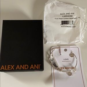 Pave Crystal Heart Symbol Bead Charm Bangle silver